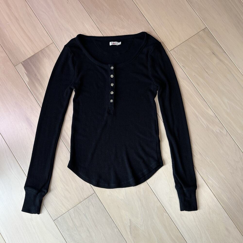 Faherty Ribbed Henley Black Long Sleeve Top Women’s Small